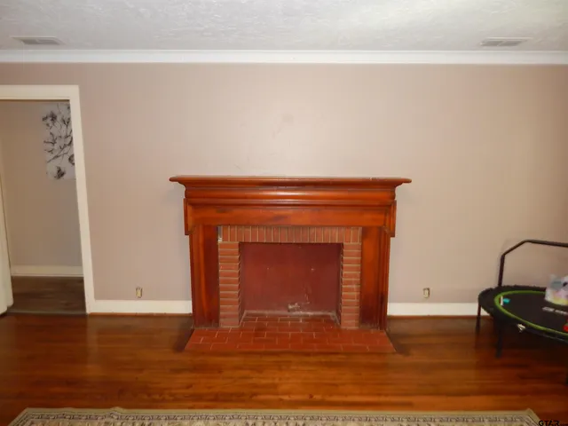 a room with a fireplace