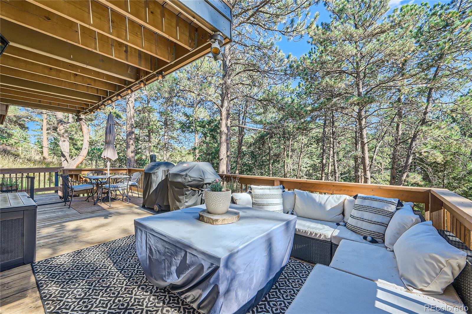 938 Valley Road Evergreen, CO 80439 - Photo 3 of 24 a view of a patio with couches and a table and chairs with wooden floor