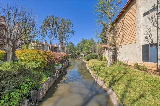 a view of a yard with plants and trees