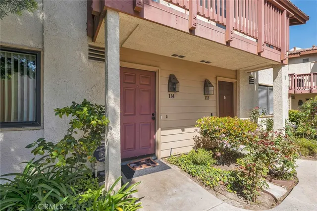 a couple of potted plants in front of door