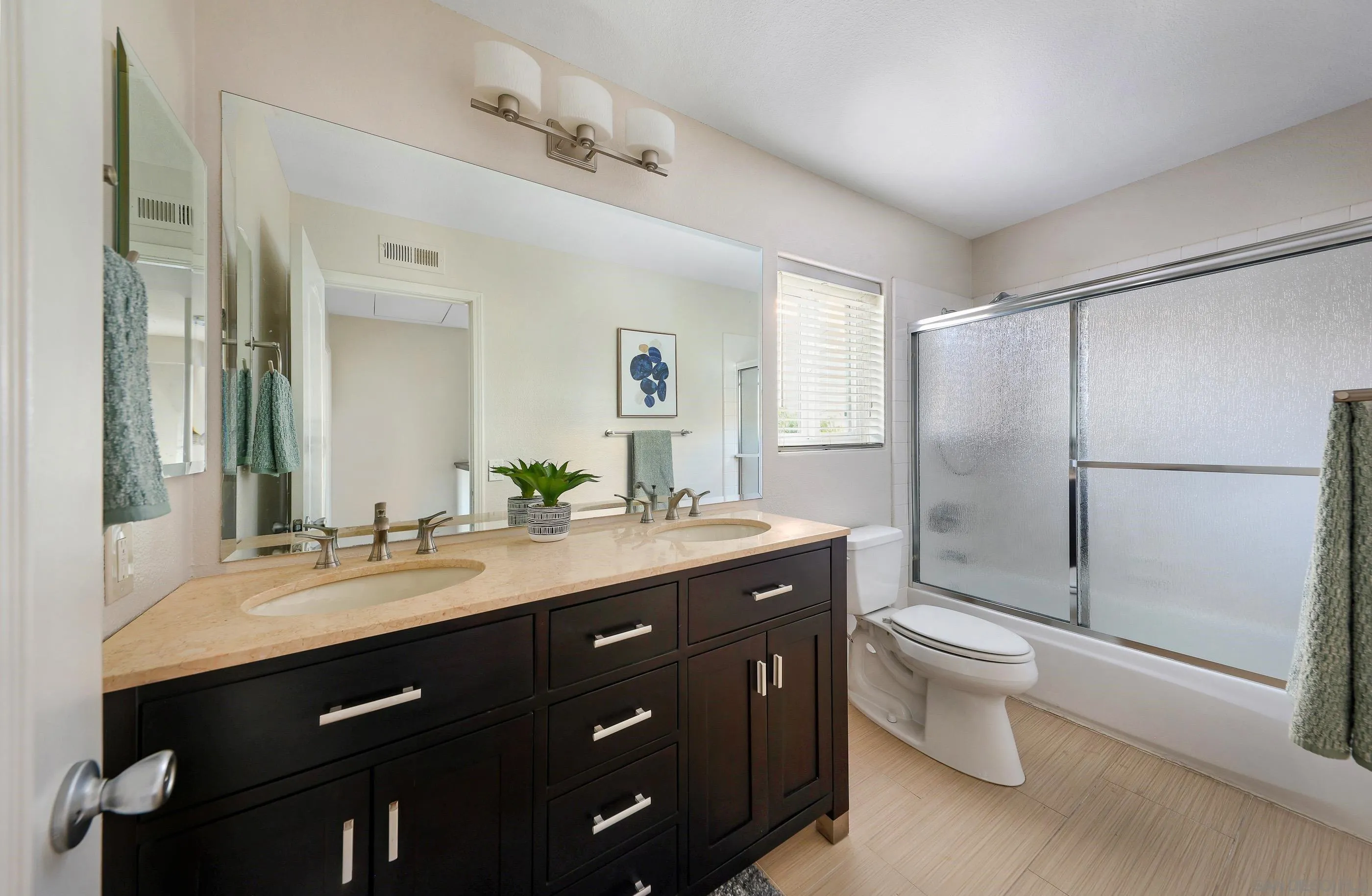 2347 Terraza Ribera Carlsbad, CA 92009 - Photo 25 of 42 a bathroom with a double vanity sink toilet mirror and shower