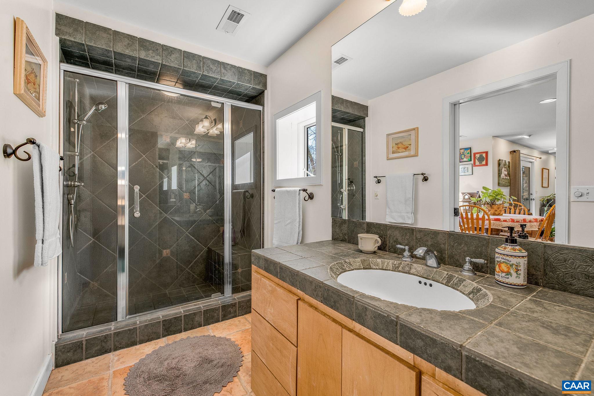 987 Rodes Farm Drive Nellysford, VA 22958 - Photo 42 of 74 a bathroom with a granite countertop sink mirror and shower