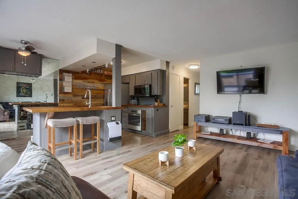 640 East Solana Circle Solana Beach, CA 92075 - Photo 2 of 15 a living room with furniture a flat screen tv and kitchen view