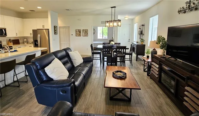 a view of a dining room with furniture