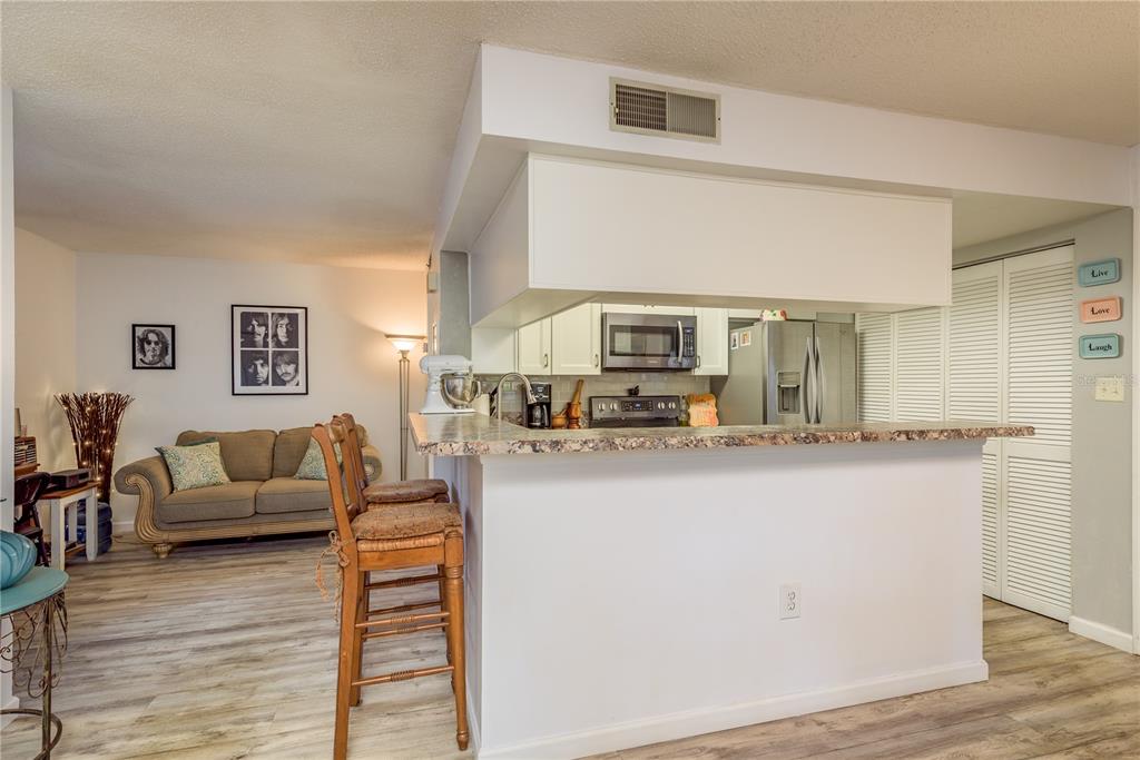 1901 Lennox Road East, Unit 1901 Palm Harbor, FL 34683 - Photo 7 of 25 a living room with stainless steel appliances furniture a couch and a kitchen view