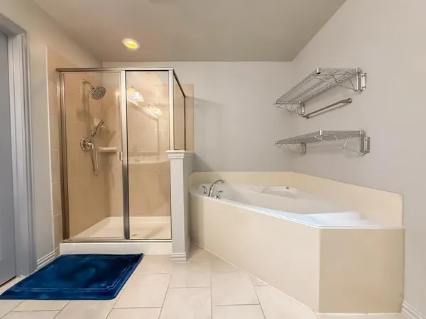 a bathroom with a bathtub and a shower