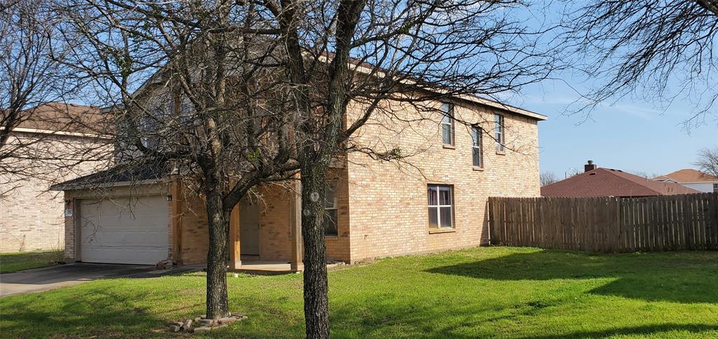 a view of backyard with a barn and a large tree