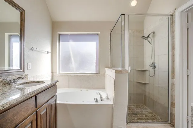 a bathroom with a granite countertop sink a shower and a mirror