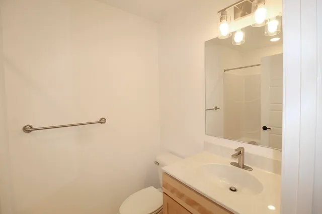 a bathroom with a sink mirror vanity and toilet