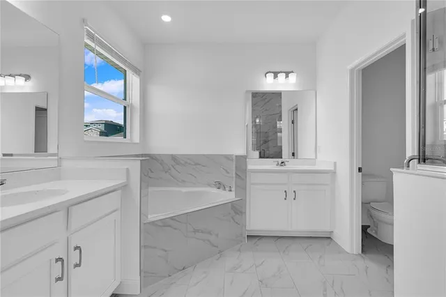 a bathroom with a double vanity sink toilet and shower