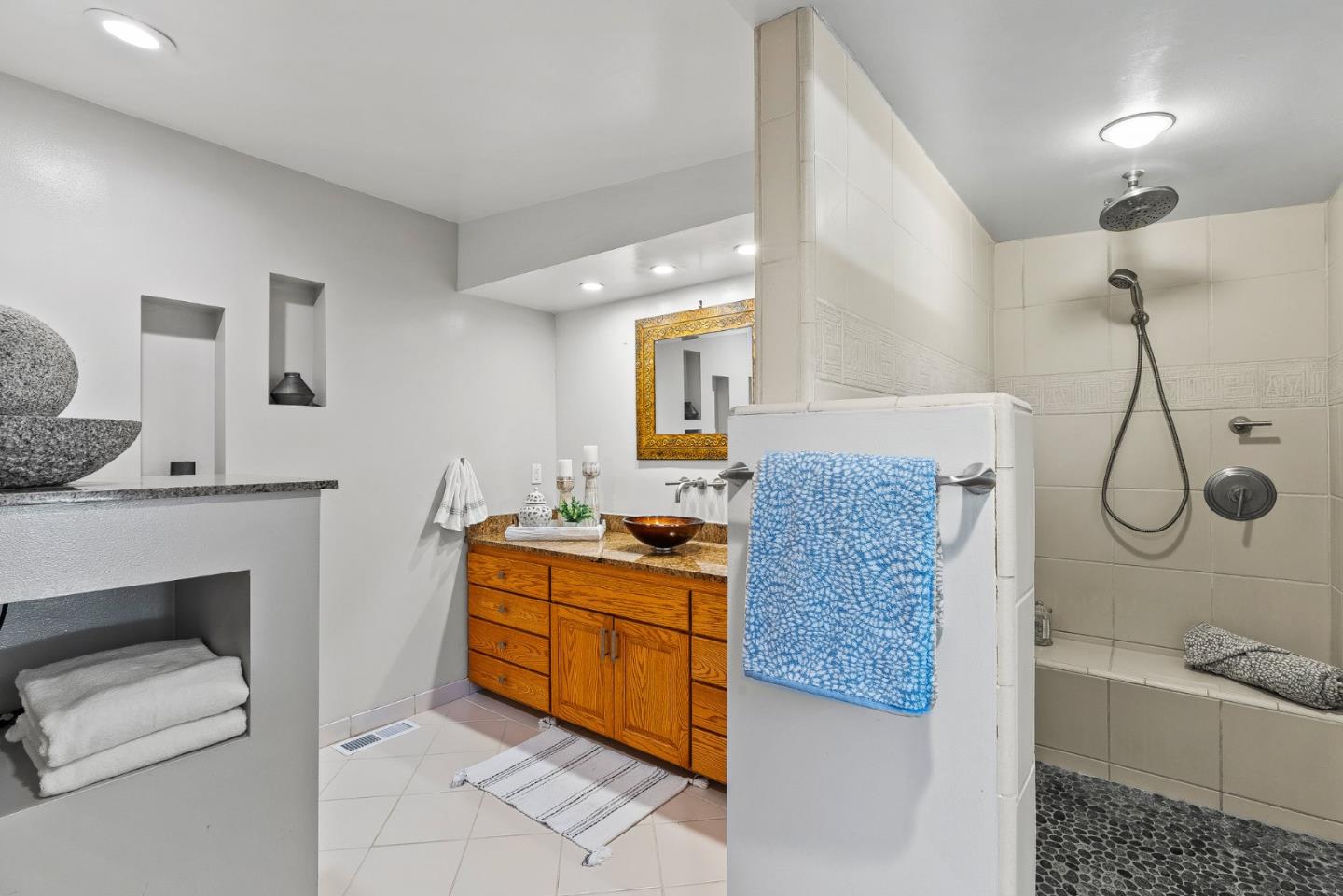 11150 Riverside Road Brookdale, CA 95005 - Photo 30 of 55 a bathroom with a granite countertop sink a toilet and shower