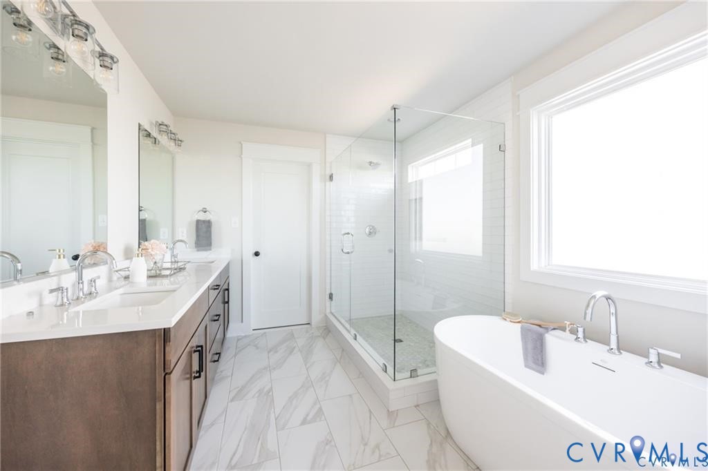 17601 Blue Is Place Moseley, VA 23120 - Photo 23 of 46 a bathroom with a tub a sink a mirror a shower and vanity