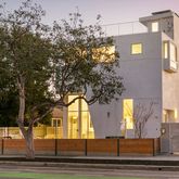 a view of a city with large trees