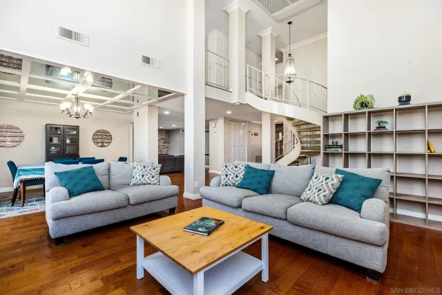 a living room with furniture a rug and a potted plant