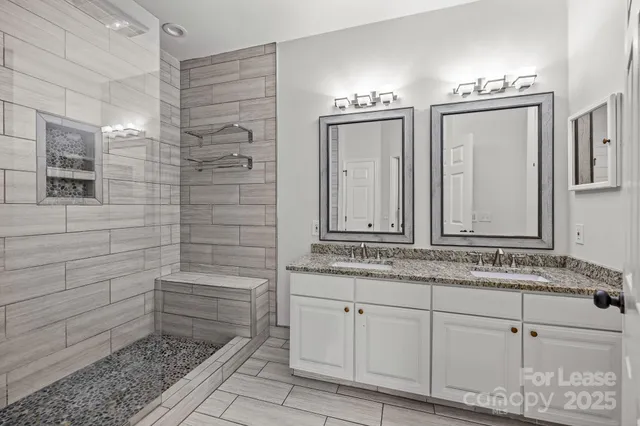 a bathroom with a granite countertop sink vanity and mirror