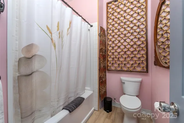a white toilet sitting next to a shower curtain