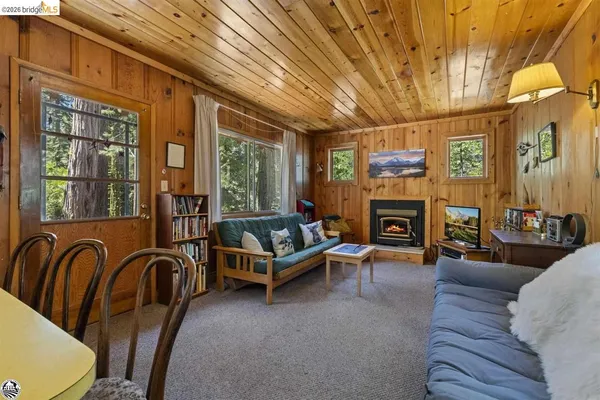 a living room with furniture a fireplace and a floor to ceiling window