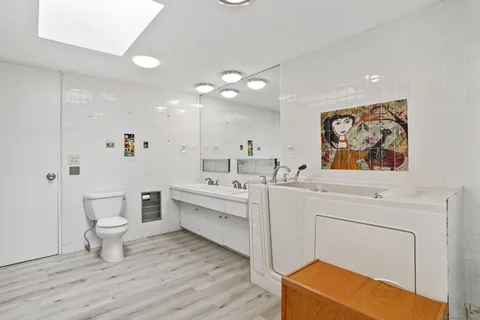 a bathroom with a sink a toilet and a mirror