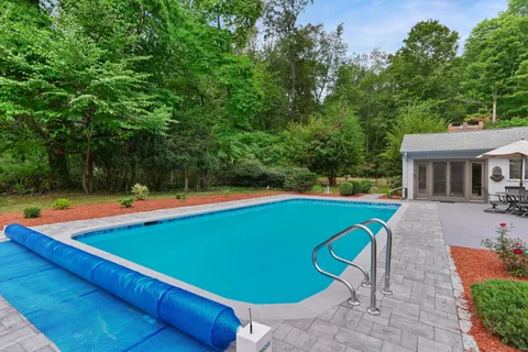 a view of a swimming pool with lounge chair