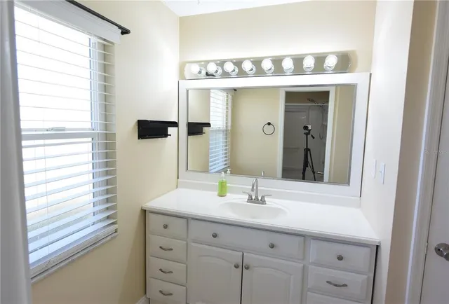 a bathroom with a sink vanity and a mirror