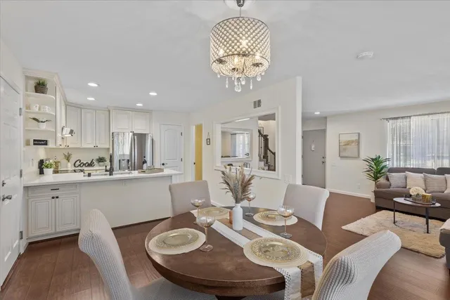 a view of a dining room with furniture