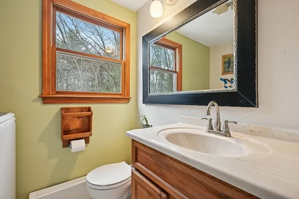 a bathroom with a sink a mirror and a toilet