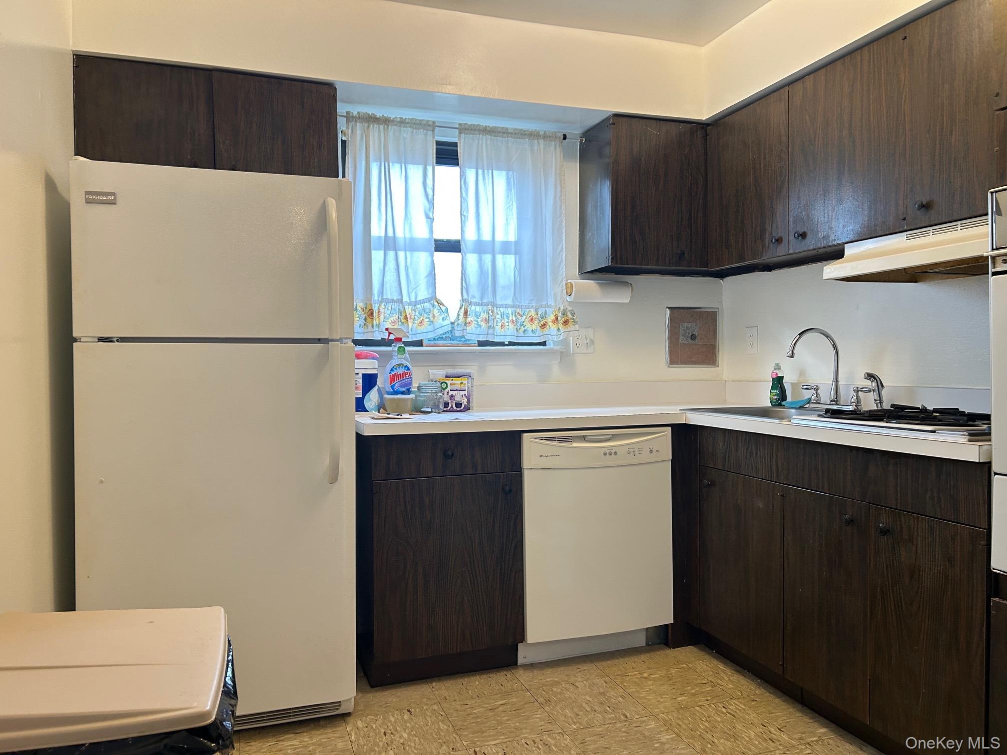 122 Sneden Place West, Unit 122 Spring Valley, NY 10977 - Photo 8 of 20 Kitchen featuring dark brown cabinetry, white appliances, light countertops, under cabinet range hood, and light flooring