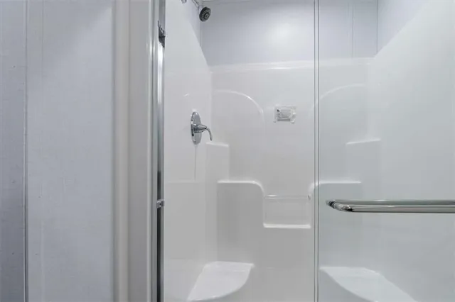 a bathroom with a shower and toilet