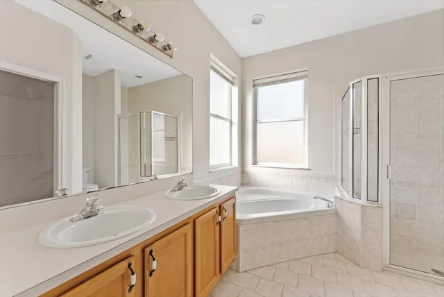 a bathroom with a granite countertop sink and a bathtub