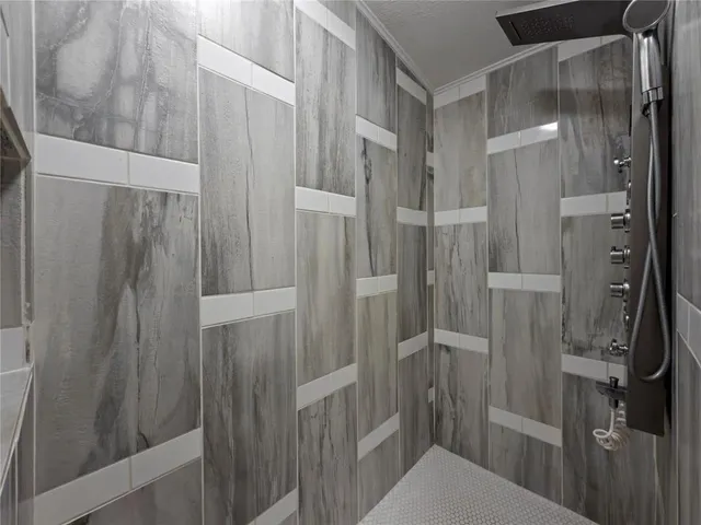 a bathroom with a shower and toilet