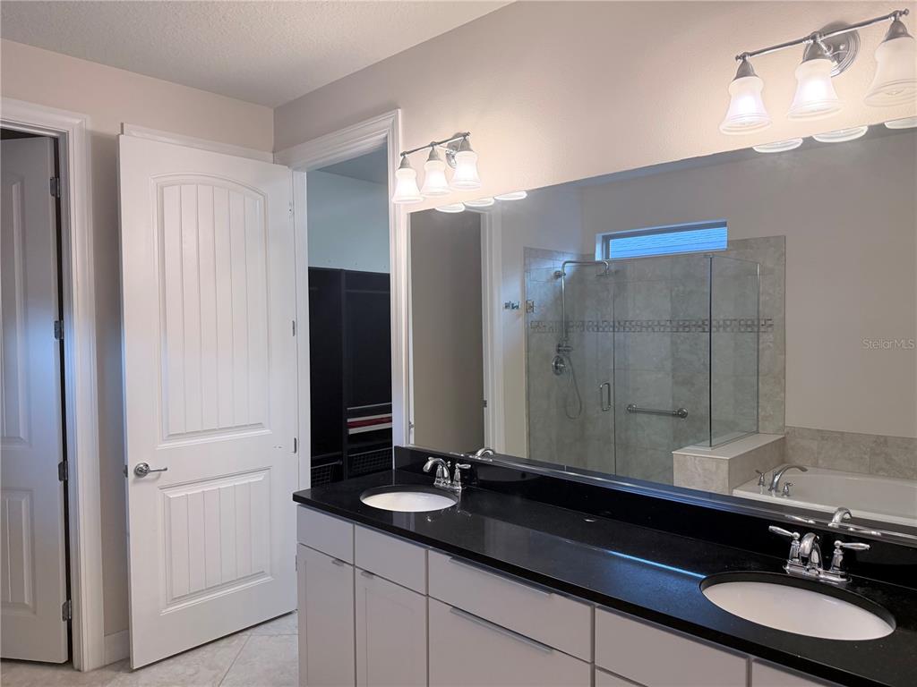 10041 Southwest 77th Loop Ocala, FL 34481 - Photo 20 of 39 a bathroom with a granite countertop sink a mirror and a shower