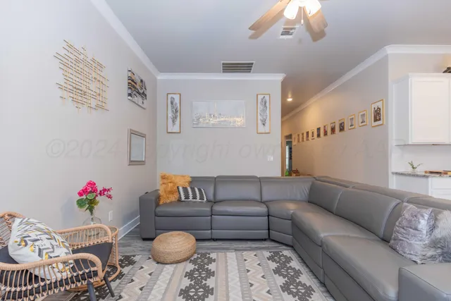 a living room with furniture and a potted plant