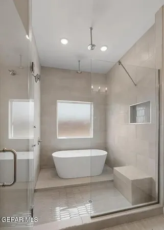 a bathroom with a bathtub and a shower