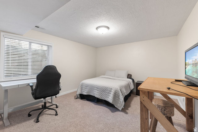 6208 West Bull River Road Highland, UT 84003 - Photo 57 of 90 Bedroom featuring a window with blinds, light-colored carpeting, and a flush-mount ceiling light fixture