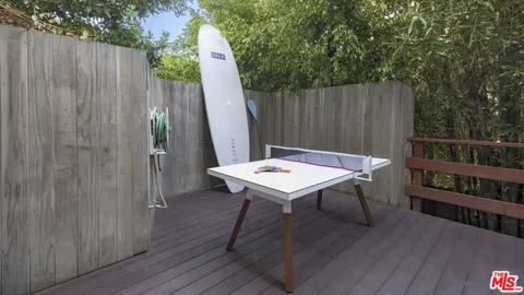 a backyard of a house with table and chairs