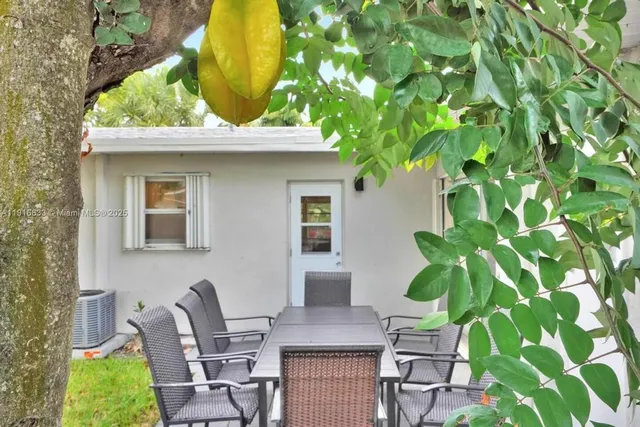 a view of a dining table and chairs in the patio