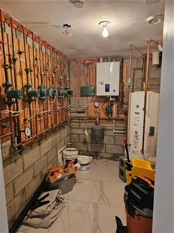 a view of a garage with wooden walls