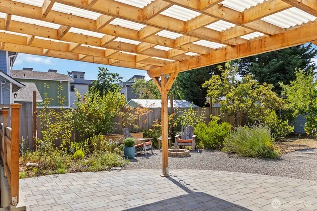 a view of a backyard with plants and a garden