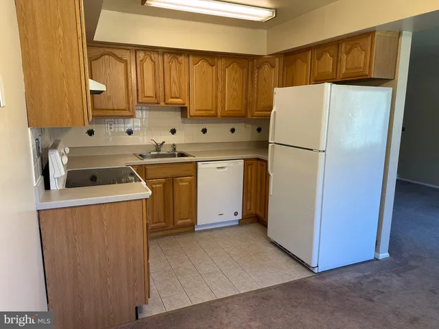 a kitchen with a refrigerator sink stove and cabinets