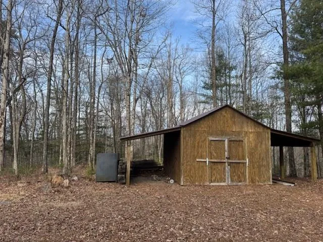 a view of a wooden house with large windows and a small yard