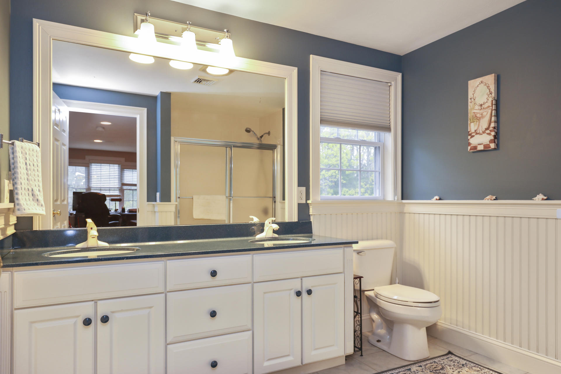 1356 Old Post Road Marstons Mills, MA 02648 - Photo 32 of 53 a bathroom with a double vanity sink a toilet and a mirror
