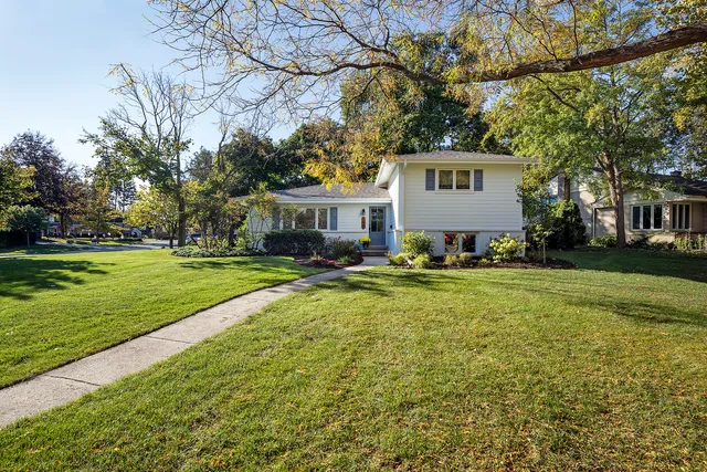a view of a house with a big yard and large trees