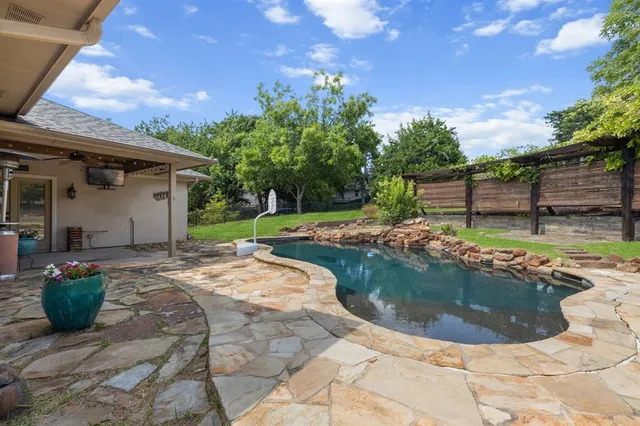 a view of a swimming pool with a yard