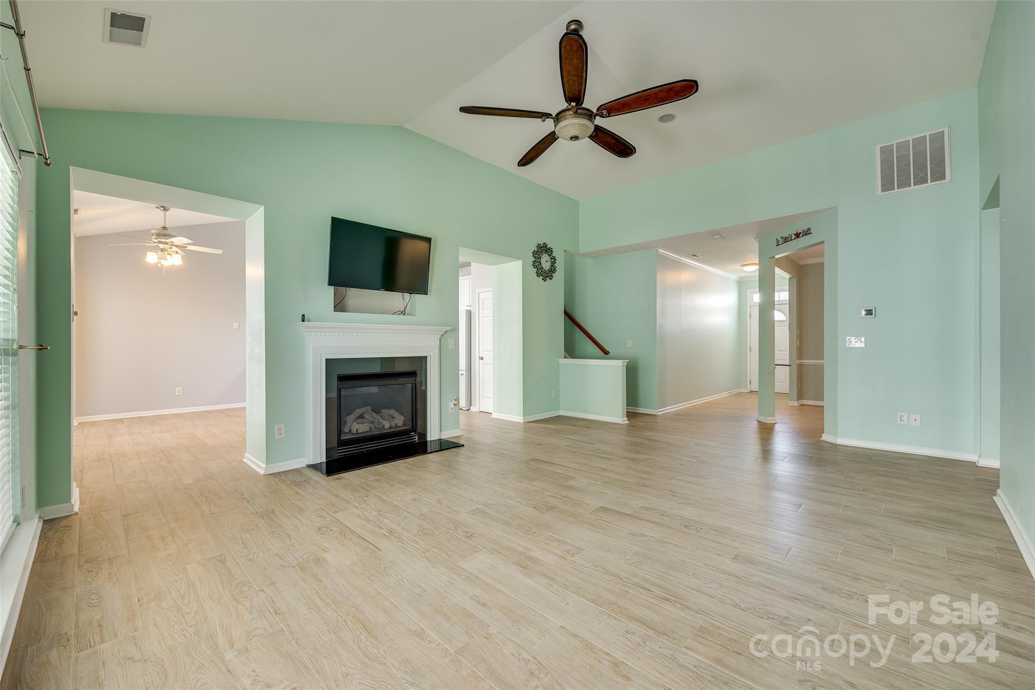 5514 Alexandrite Way Fort Mill, SC 29708 - Photo 9 of 42 a view of a livingroom with a fireplace and a ceiling fan