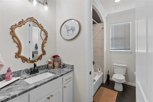 a bathroom with a granite countertop toilet sink and mirror