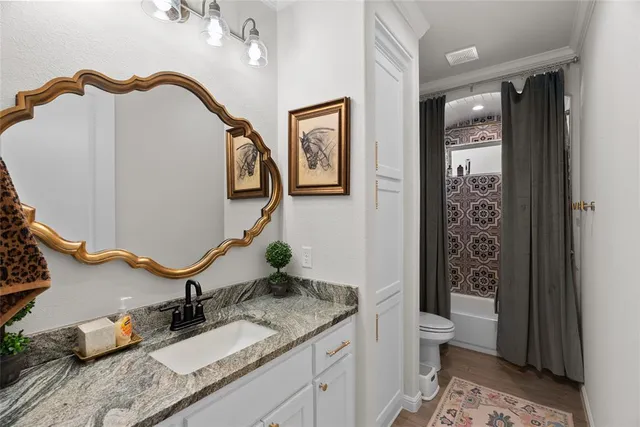 a bathroom with a granite countertop sink mirror vanity and toilet