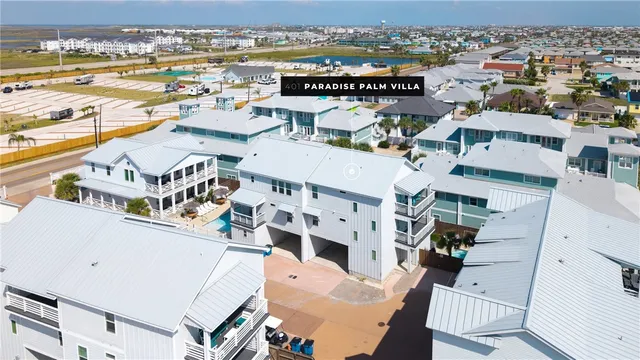 an aerial view of a building with outdoor space