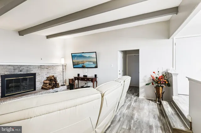 a living room with furniture potted plant and a fireplace