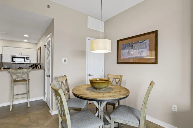 a view of a dining room with furniture