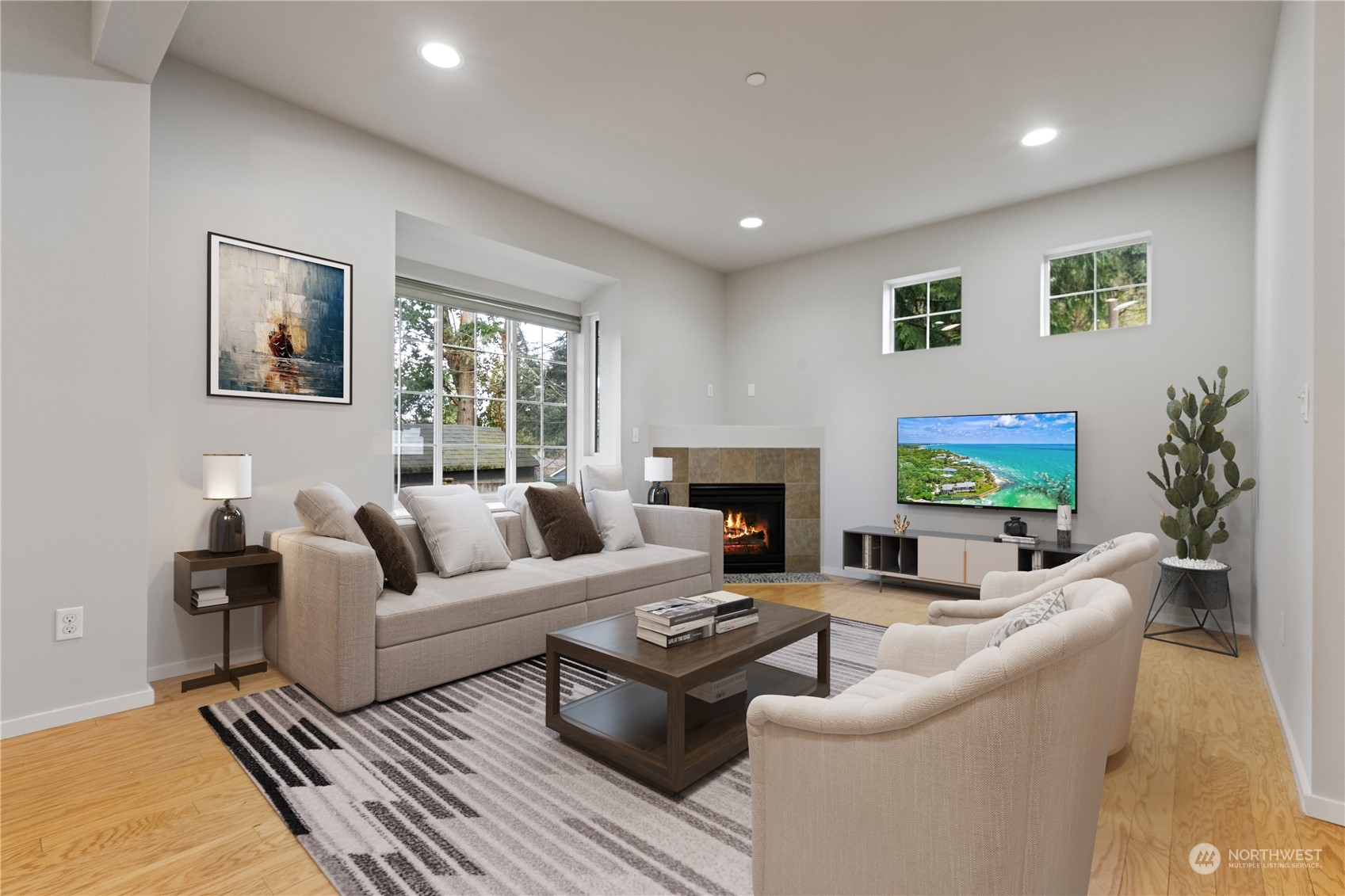 20734 76th Avenue West, Unit D Edmonds, WA 98026 - Photo 12 of 32 a living room with fireplace furniture and a flat screen tv